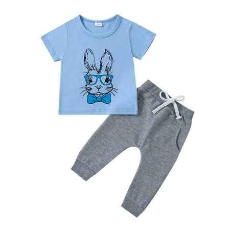 

XJDJHC Toddler Kid Boys Girls Clothes Boys Girls Short Sleeve Easter Rabbit Print T Shirt Pullover Tops Pants Outfits Fashion Streetwear 12-18 Months
