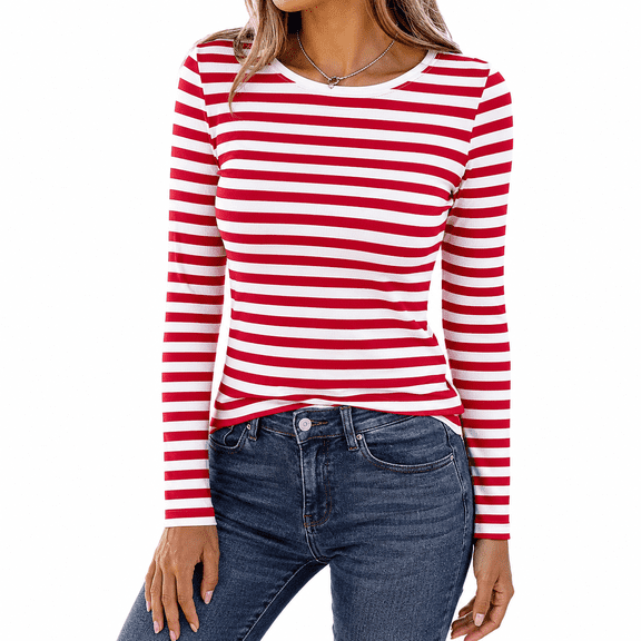 Dpjklzsn Women's Ribbed Stripe Long Sleeve Top, Crew Neck Knit Casual Shirt