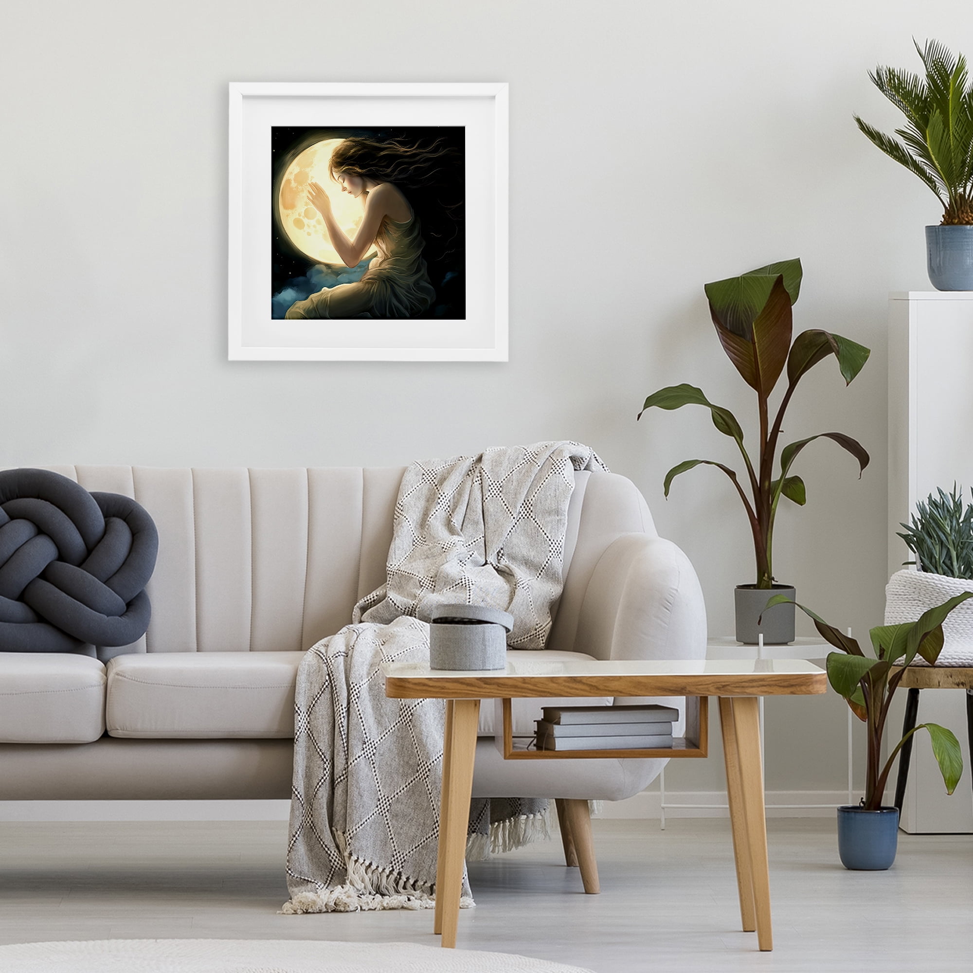 Ethereal Moon Love White Framed Print Under Glass, design by Sasha