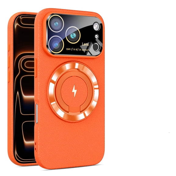 For iPhone 11 Phone Case,With Contractile Ring Kickstand,Compatible with Mag-Safe,Built-in Lens Protector,Anti-Scratch PU Leather Back,Shockrpoof Slim Anti-fall Drop Phone Case,Orange