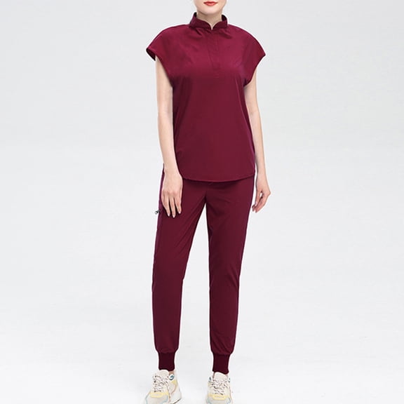 WSBDENLK Scrubs for Women 2pc Set Solid Color Loose Drawstring Pants Pocket Caregiver Short Sleeve V-Neck Blouses Nursing Uniform Set