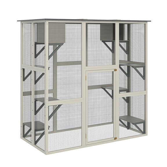 Zephypaws 71in Outdoor Wooden Cat Catio,Large Solid Wood Cat Cage Playpen with 6 Jumping Platforms & 2 Napping Houses,Walk-in Cat Kennel Condo Shelter,Gray