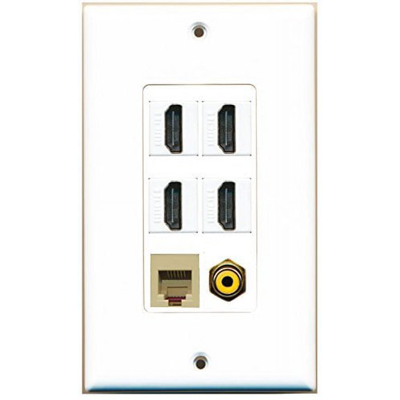 RiteAV - 4 Port HDMI 1 RCA Yellow 1 Phone RJ11 RJ12 Beige Wall Plate Decorative