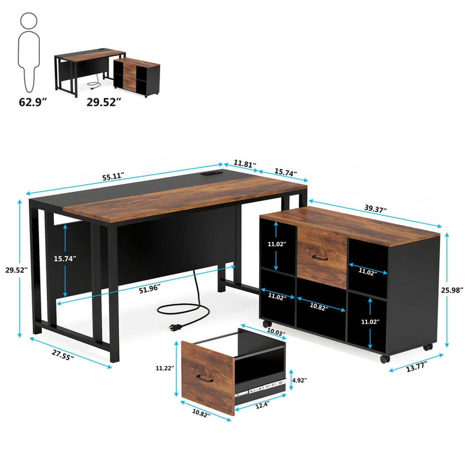 Demi Bonn Modern L Shaped Gaming Computer Desk, 55" Corner Executive Desk with Power Outlet and File Cabinet for Home Office, Brown