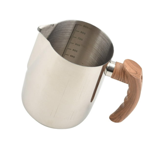 Taza para espumar leche Mango de madera Jarra de leche de acero inoxidable Taza Espumador Taza de café Jarra para espumar leche Coffeware para Holiday 1000ML SM SunniMix Tazas para espumar leche