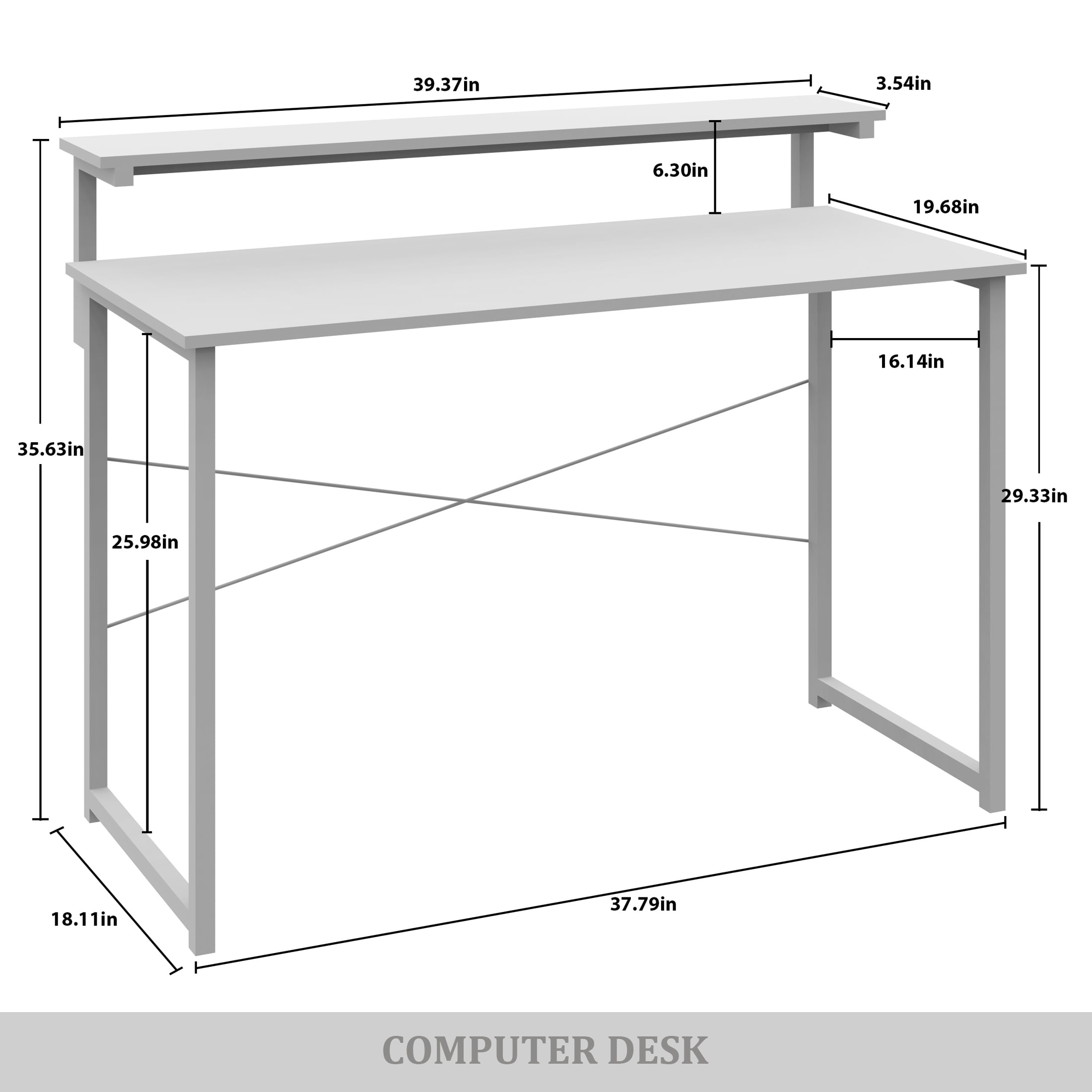 Castle Place Minimalist 39" Metal Computer Desk With Shelf, Light Grey