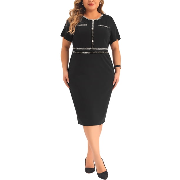Vestido de mujer de talla grande Agnes Orinda, con botones, cuello redondo, ajustado, estilo oficina, vestido lápiz 2X negro