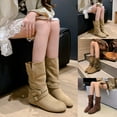 thumbnail image 2 of Womens Boots Fashion Strappy Suede Fold Over Ankle Booties Round Toe HIdden Wedge Low Heel Mid Calf Fall Boots Green 8, 2 of 7