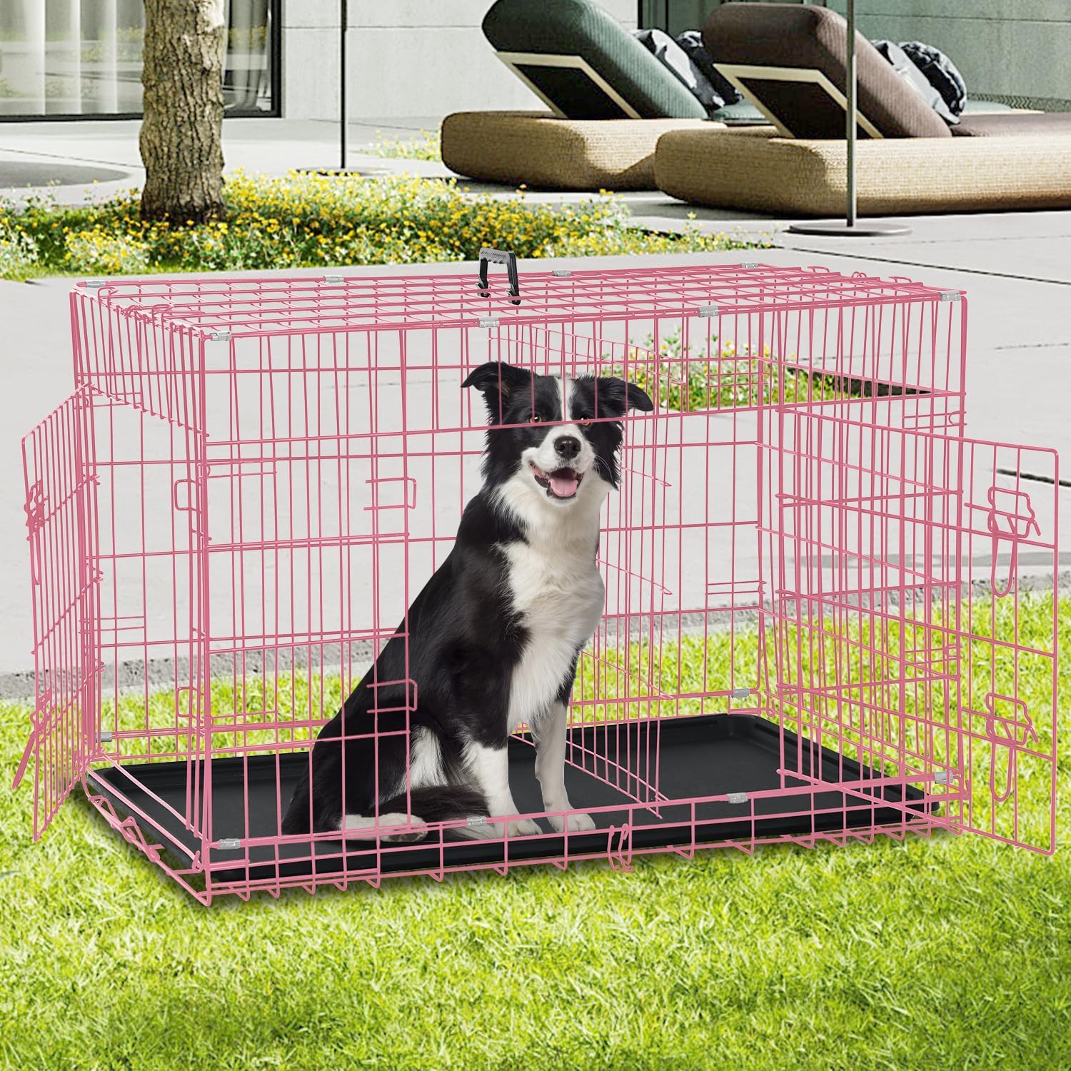 42 inch Dog Crate for Medium Large Dogs Folding Metal Dog Cage Kennel Double Door Pet Crate with Divider and Tray, Pink