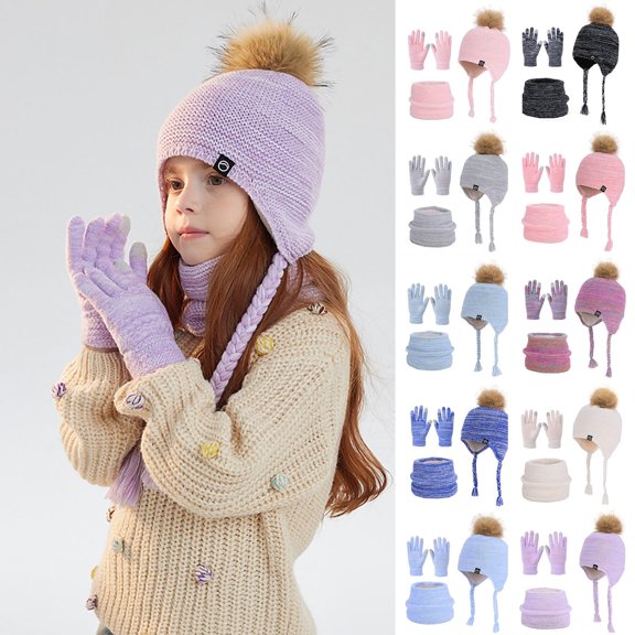 ShomPort 3 PCS Winter Hat Gloves Scarf Set Kids Girls Boys Knit Mittens Neck Warmer Beanie Caps Snow Outdoor 4-10 Years