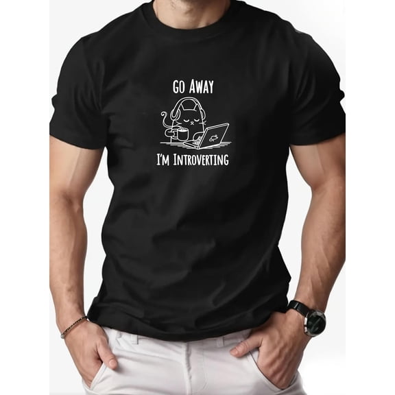 Men's Black Print Tshirt Graphic Tees Shirts Introvert Cat "Go Away I's cotton Black Print Tshirt Graphic Tees Shirts Introvert Cat "Go Away I'm Introverting" Humor Mental Health S-5XL Tops