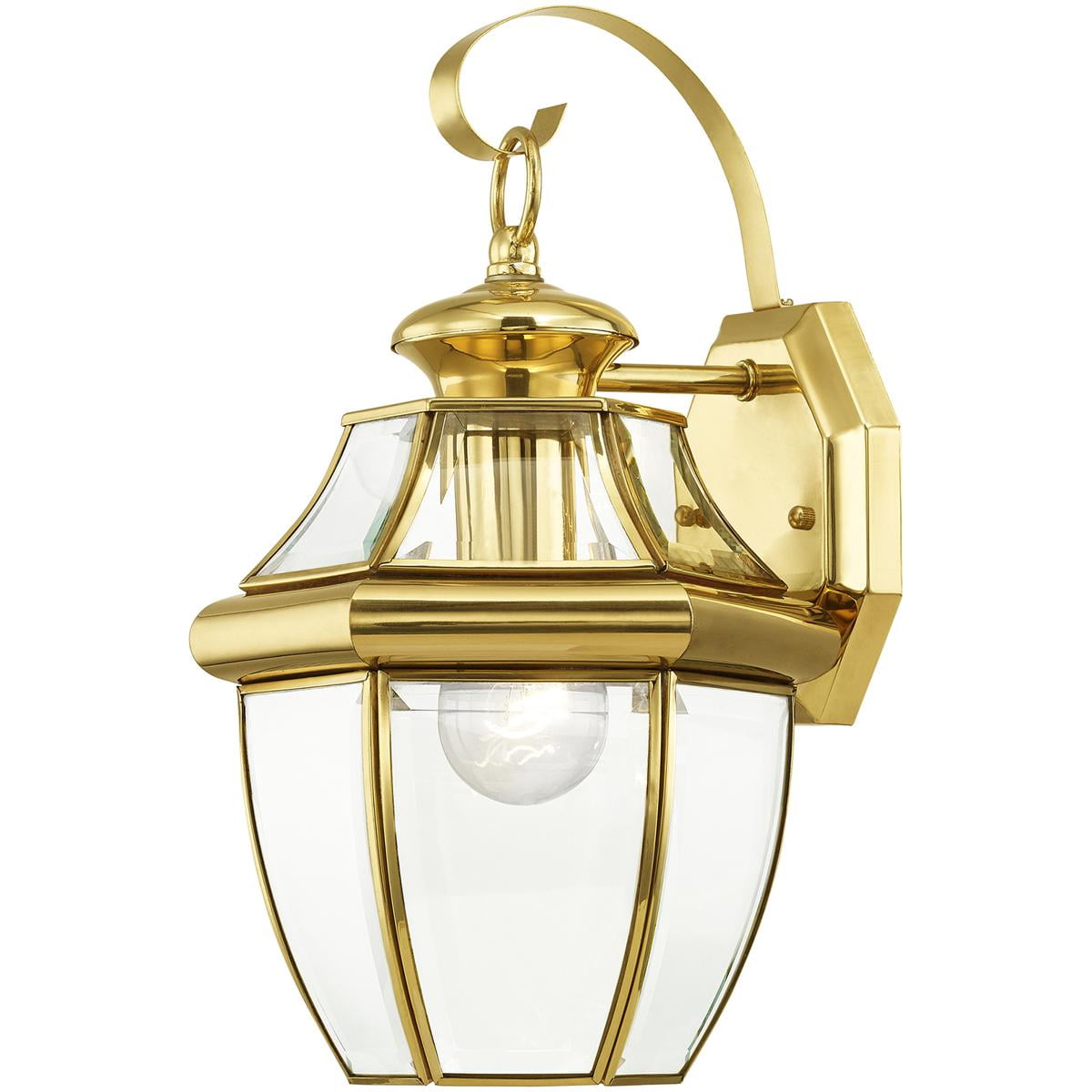 8.5 inch 1 Light Polished Brass Outdoor Wall Lantern Pendant Lighting Fixture with Clear Beveled Glass Shade backed with Hand Crafted Solid Brass material for patio, front porch, entryway and more