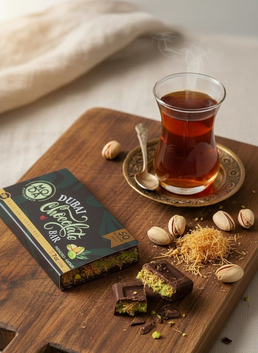 Moda Patisserie Bitter Pistachio Kunefe Dubai-Style Chocolate Bar 7 oz (200g) | Handcrafted Turkish Sweets Made in Türkiye | Gourmet Luxury Dessert Gift Box for Ramadan, Eid & Celebrations