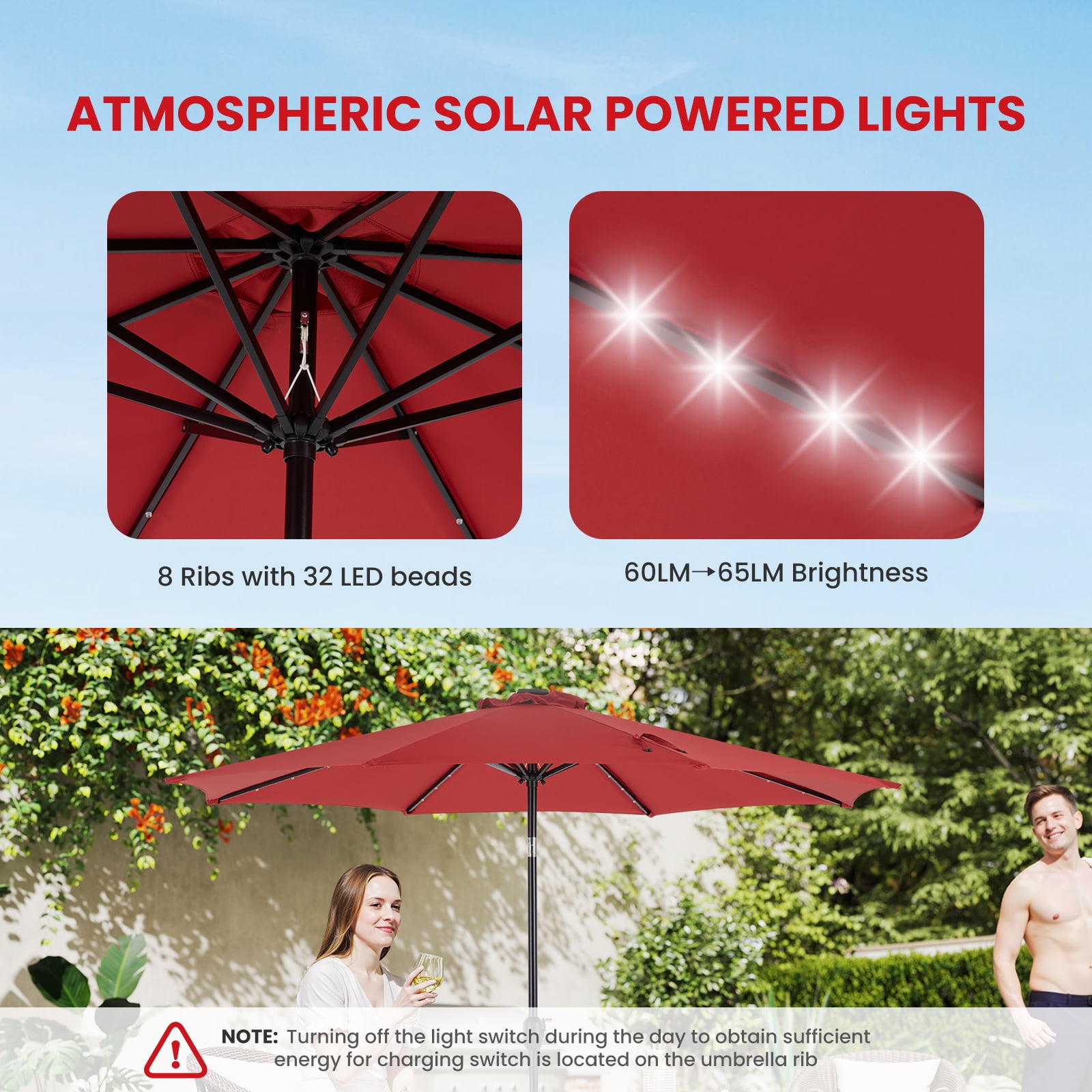EDX 10ft Solar Polyester 32 LED Lighted Patio Umbrella with Tilt Adjustment and UV-Resistant Fabric,Red