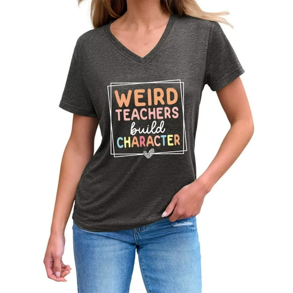 ZJXFGS Teacher Shirts for Women Teachers Graphic V Neck Tshirt Funny Short Sleeve Tees Tops for School Teens Gray L