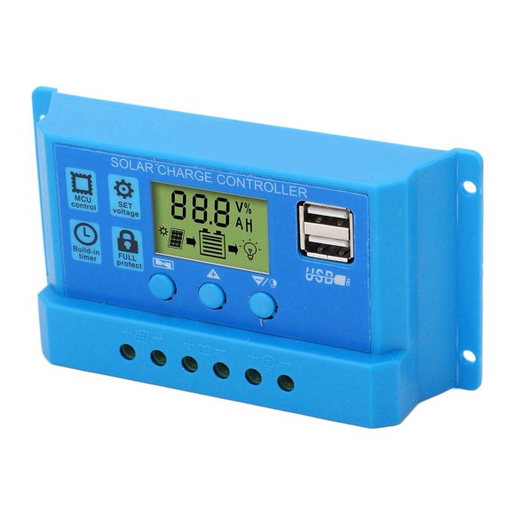 Controlador de carga solar PWM Pantalla LCD Parámetros ajustables 2 USB Regulador de carga solar Azul 12 V 24 V
