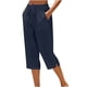 thumbnail image 1 of Pantalones de Lino Mujeres Outfits de Vacaciones Casual Elástico de la Cintura Cordón Suelto Recto Tubo Capris para la Playa de Verano, 1 of 5