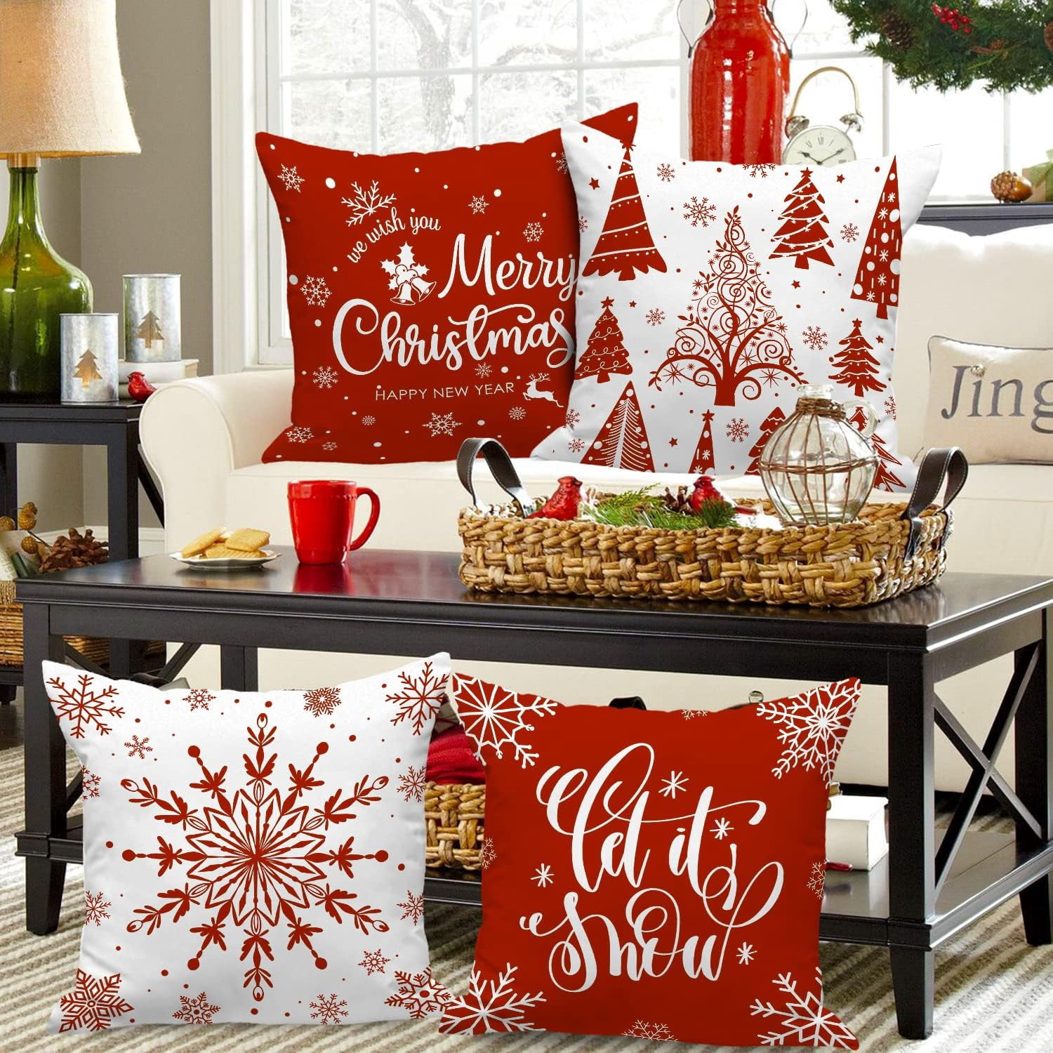 Christmas Throw Pillow Covers 20x20 Set of 4, Merry Christmas Winter Xmas Snowflake Decorative Holiday Cushion Pillow Cases 20 x 20 for Outdoor Indoor Farmhouse Home Room Couch Decor (Red)