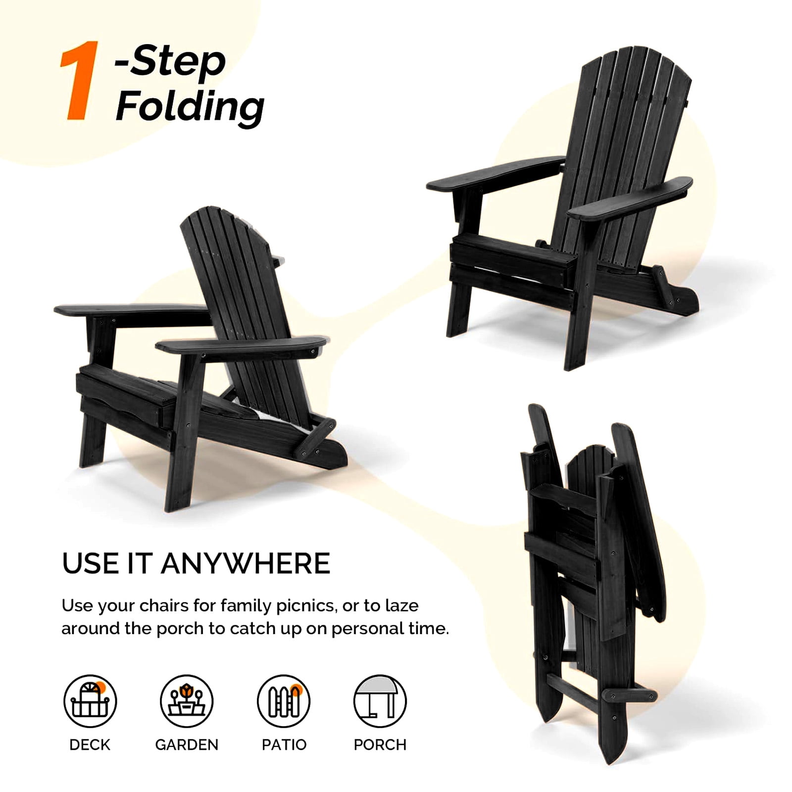 Ktaxon 1 Pack Patio Wood Adirondack Chair, Garden Chaise Chair Outdoor Folding Chair, Wooden Chair for Patio, Garden, Black