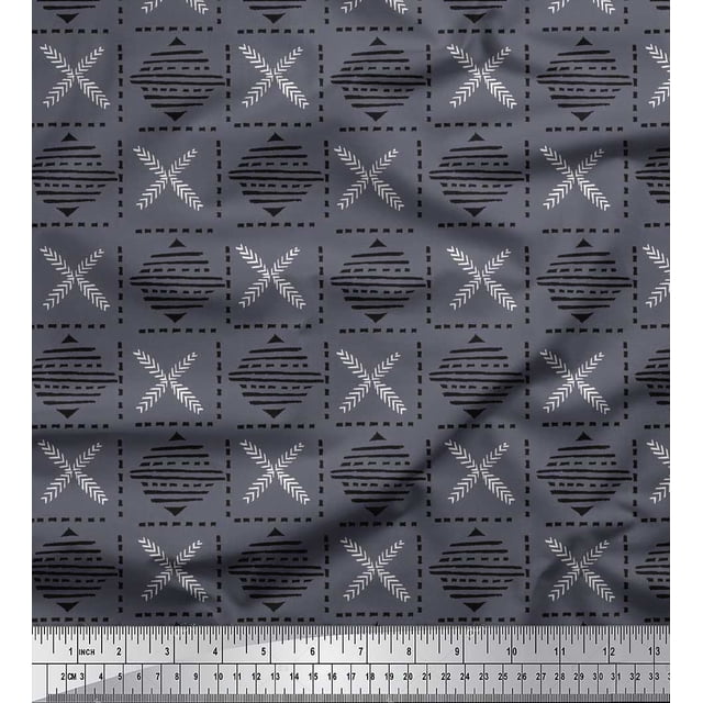 Soimoi Polyester Crepe Fabric Leaves & Geometric Block Print Sewing Fabric Yard 52 Inch Wide