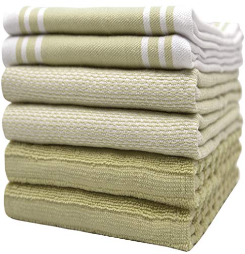 Paños de Cocina Premium (20 x 28 Pulgadas, Paquete de 6) - Paños de Mano de Algodón Grandes - Rayas Vintage Planas y de Toalla - Set de Paños de Té Altamente Absorbentes con Bucle para Colgar - Verde Salvia 2