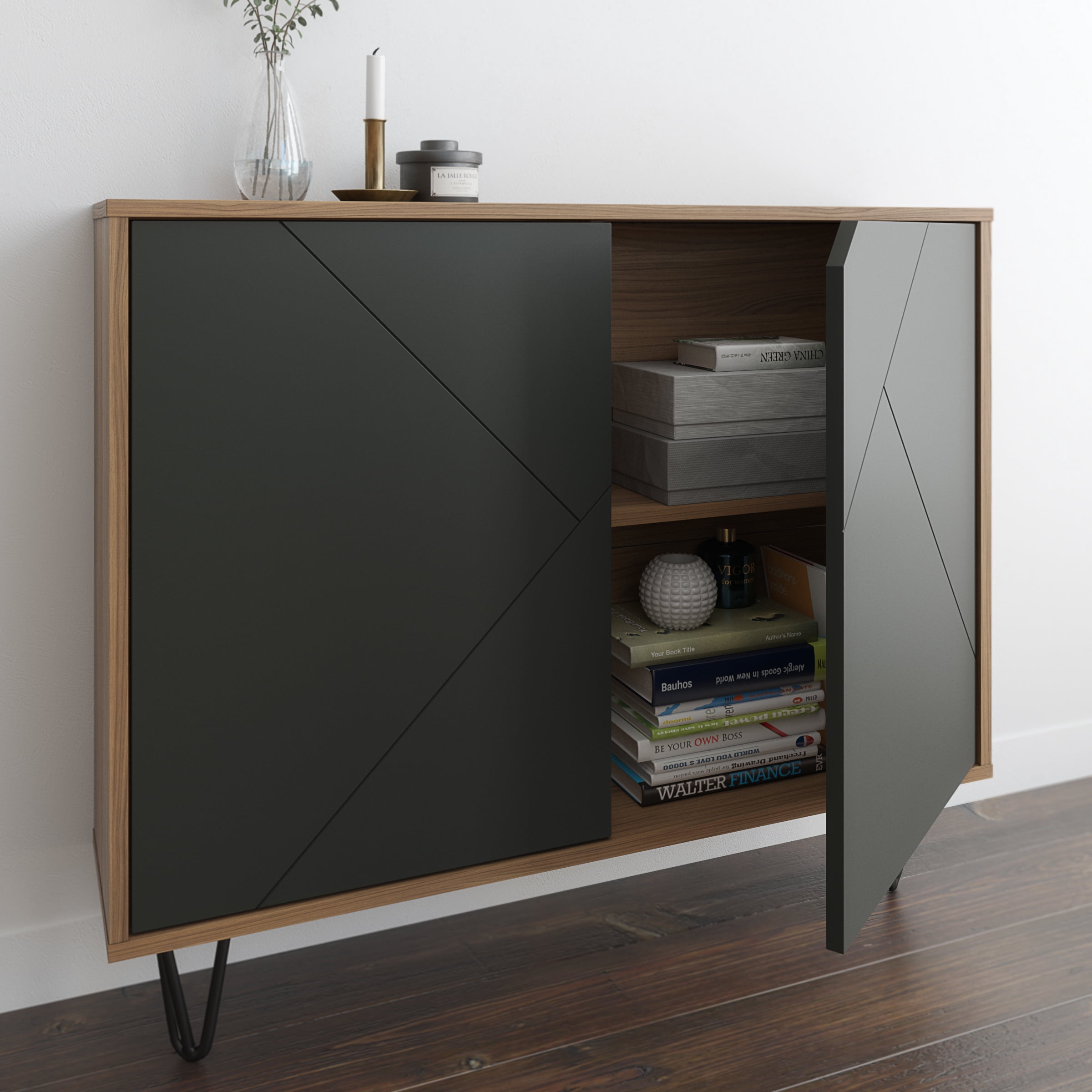 Nexera Slim Modern Wood Accent Cabinet with 2 Doors, Nutmeg & Charcoal Gray