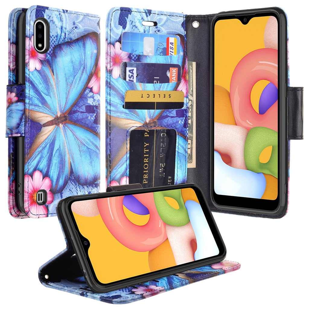 For Samsung Galaxy A01 Case Leather Wallet Phone Case Kickstand Cute Girls Women Cover - Blue Butterfly