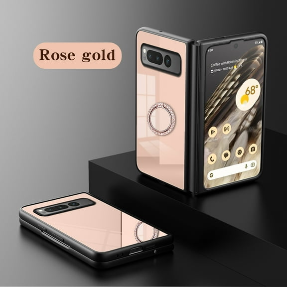 Allytech Phone Case for Google Pixel 7.6", With Glitter Bling Ring Holder Stand Mirror Back Cover Design Shockproof Case Cover for Google Pixel Fold - Rosegold