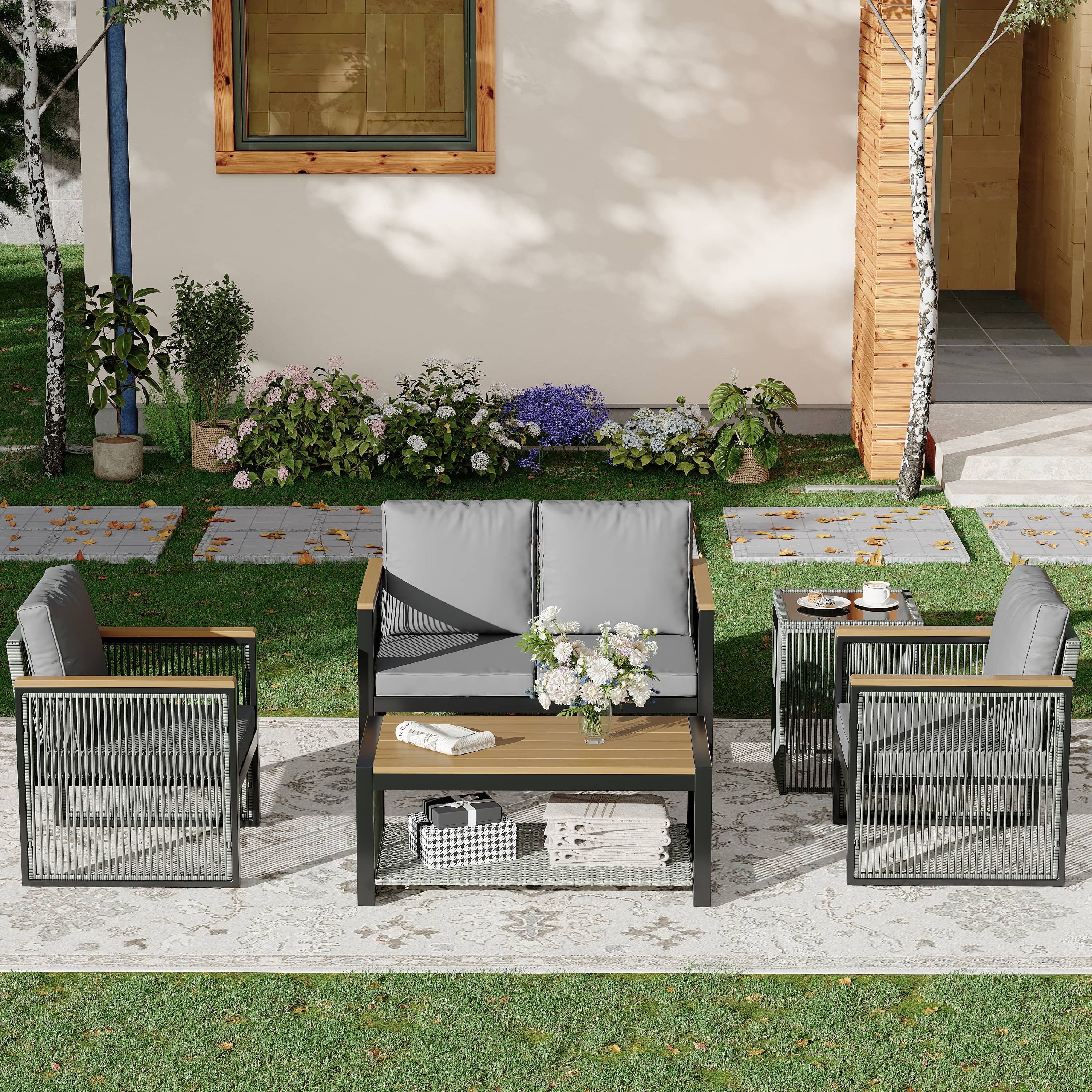 Vicluke Outdoor Metal Furniture Set, 5 Pieces Patio Sectional Conversation Chat Sofa Modern Seating Set with Coffee Table & Side Table