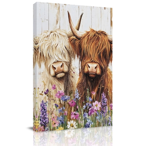 Highland Cows Canvas Wall Art for Living Room, Flowers Animals Rustic Farmhouse Poster Print Painting for Bedroom Office Home Decoration Wall Pictures Prepare To Hang 8"x10"