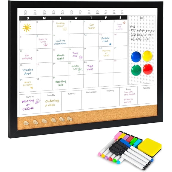 Dry Erase Calendar Whiteboard for Wall, 4-in-1 Monthly Whiteboard with Wooden Framed, 17" x 13", Monthly Combination Planner Board for , Office, Classroom