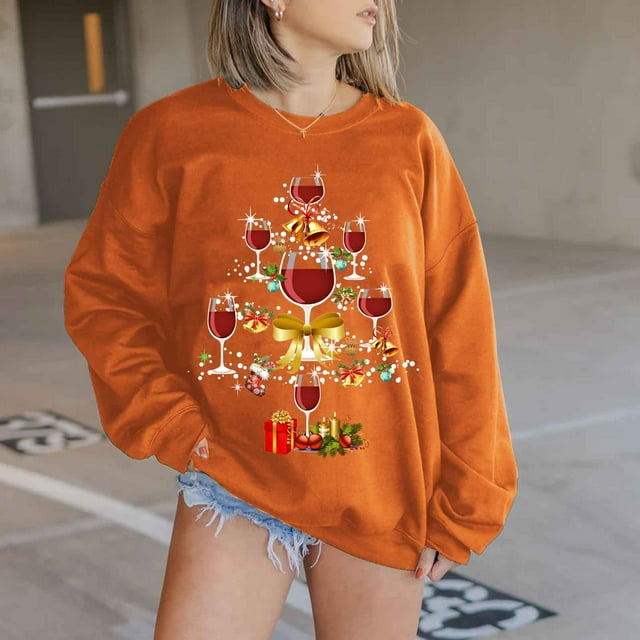Estink Hauts pour Femmes Décontractés Chics Automne, Mode Féminine Manches Longues Col Rond Imprimé de Noël Hauts Amples, Blouses Chandails en Molleton