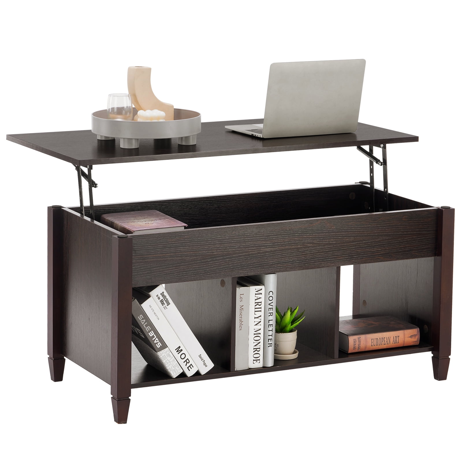 VINGLI 40" Espresso Lift Top Coffee Table with Storage with 3 Shelves