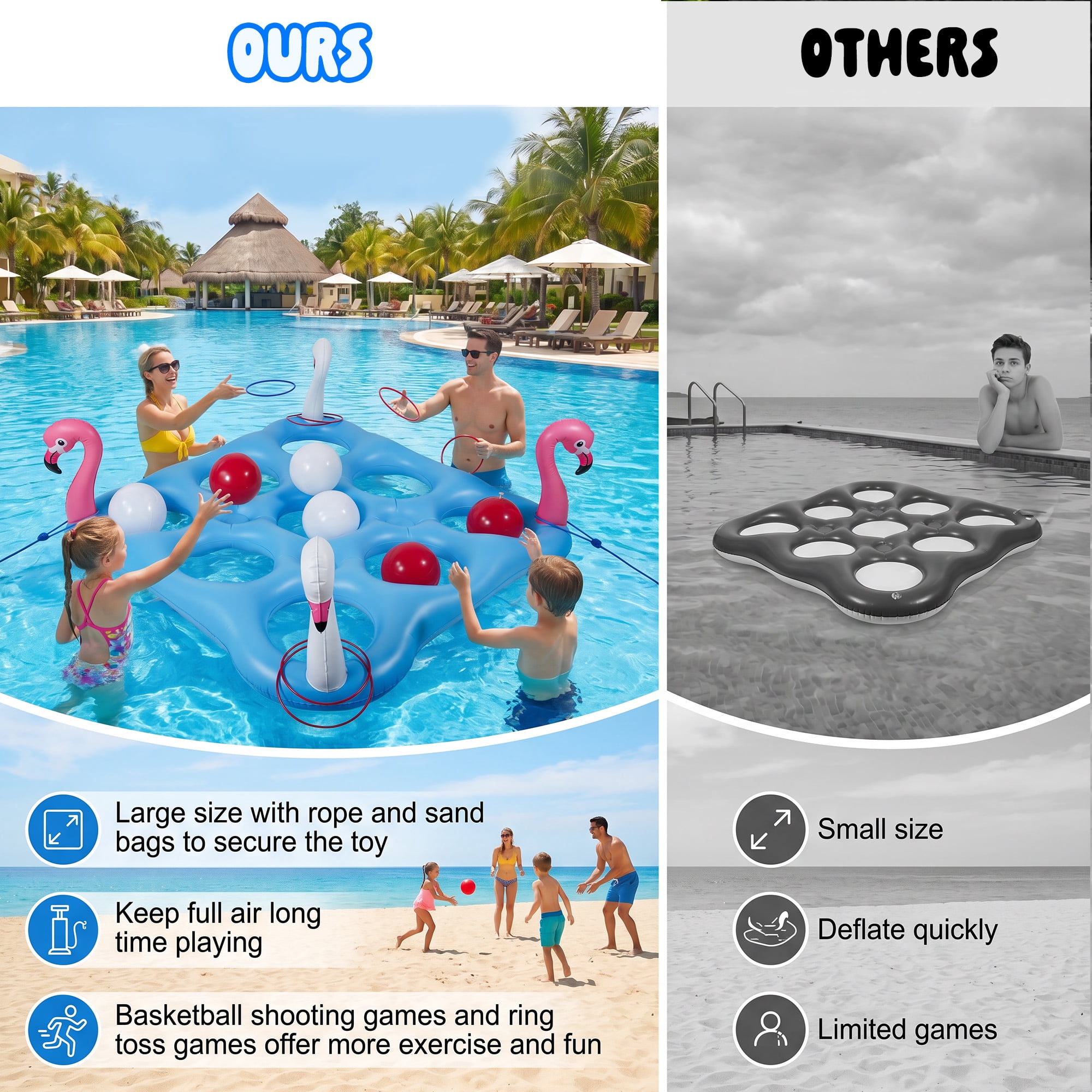 Vecukty 55.2in x 55.2in Flamingo Inflatable Pool Float Tic-Tac-Toe Game Set with 10 Balls & 4 Rings for Pool Beach Party Water Games, Unisex