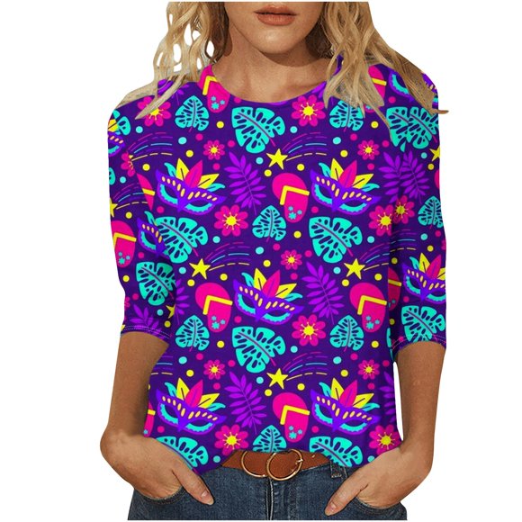 Womens And Leisure Carnival Printed Round Neck Cropped Sleeve Top