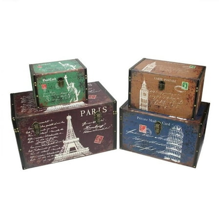 Set Of 4 Vintage Style Travel Themed Decorative Wooden Storage