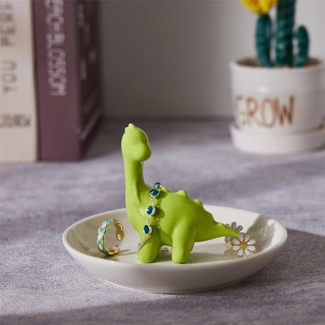 Porta Anillos de Cerámica con Dinosaurio Zhuboji, Plato para Joyas 11x11x8 cm