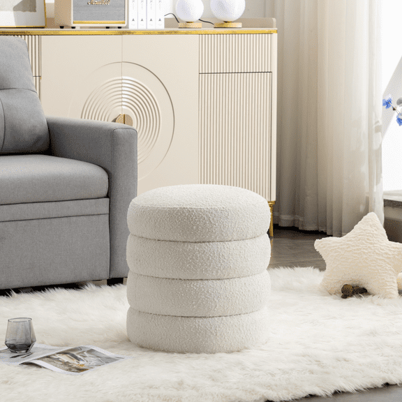 Taiyi White Soft Boucle Round Ottoman Footrest Stool - No Assembly, 250LBS Capacity, for Living Room, Bedroom & Sofa Side