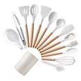 thumbnail image 4 of Juego de 14 utensilios de cocina con mango de madera, utensilios de cocina de silicona, espátula, pinzas, soporte para cuchara, color blanco, 4 of 10
