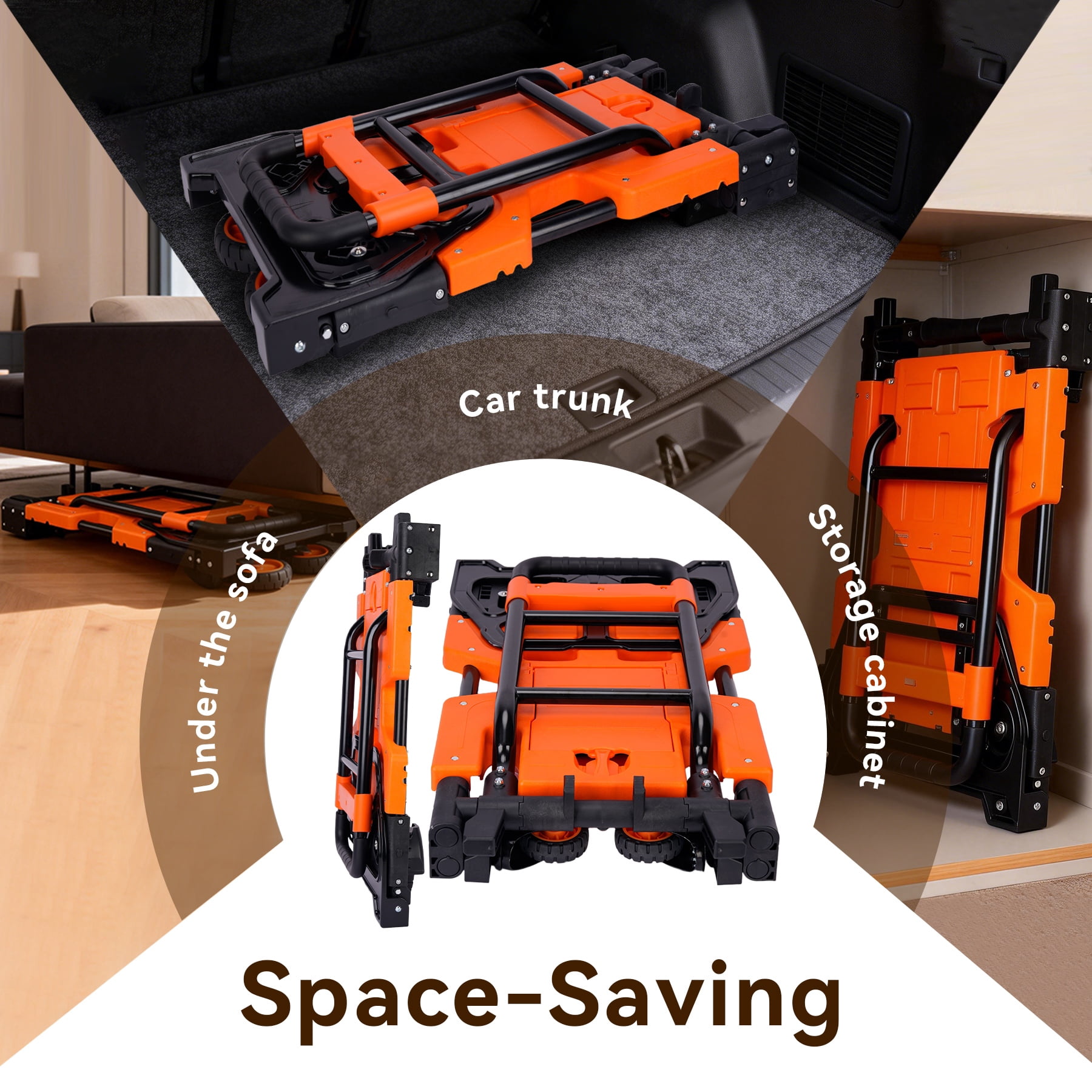 220LB Folding Hand Truck Moving Dolly, Hand Trucks Heavy Duty Combination of 4 Wheels and 2 Wheels Convertible Dolly Cart with Retractable Handle Dolly for Moving Office Carts(Orange)