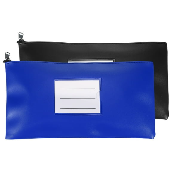 11x6 Inch Money Bags with Zipper, 2Pcs PU Leather Cash Deposit Bank Pouch Envelopes Check Wallet for Coin Cosmetics Invioce Bill, Black/Blue
