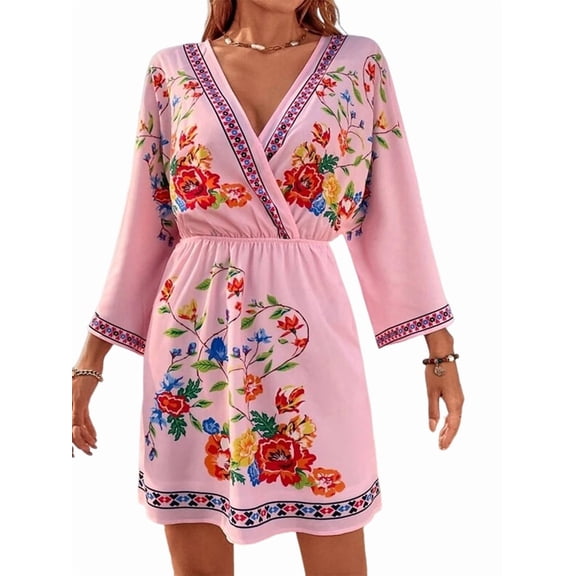 Women'S V-Neck Floral Print Bell Sleeve Elastic Waist Dress Casual Mini Dress Pink M