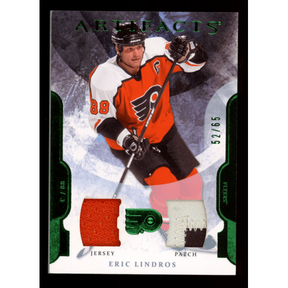 Collectible Eric Lindros 2011-12 Upper Deck Artifacts Dual Patch Emerald /65 #88 Flyers Philadelphia Flyers NHL Ice Hockey Trading Card