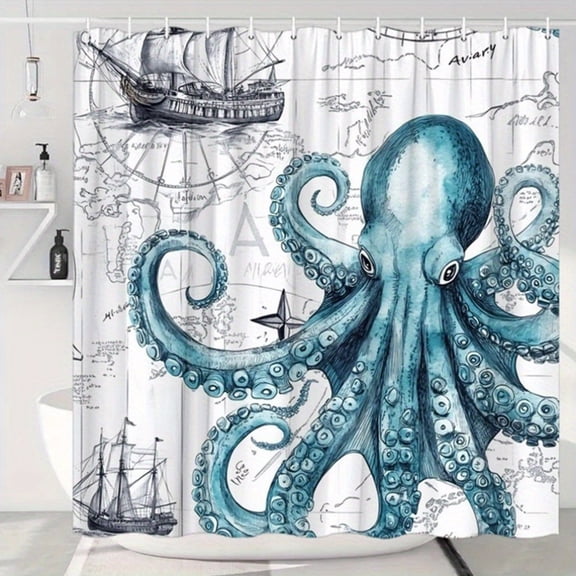 Vintage Octopus Shower Curtain, Nautical Ocean Theme Bathroom Decor, 70x70 Inch