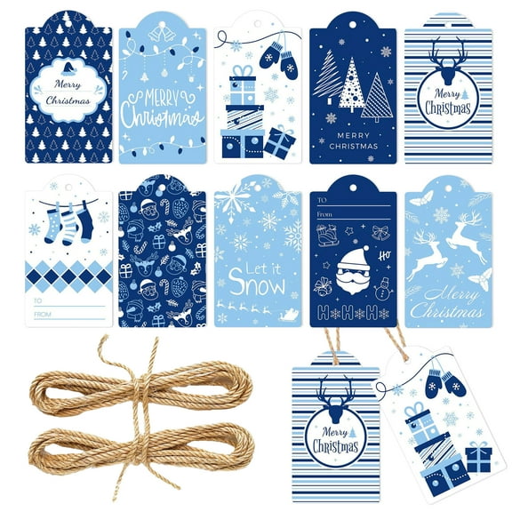 Blue Christmas Gift Tags Set - 60pcs Minimalist Holiday Labels with Jute Twine