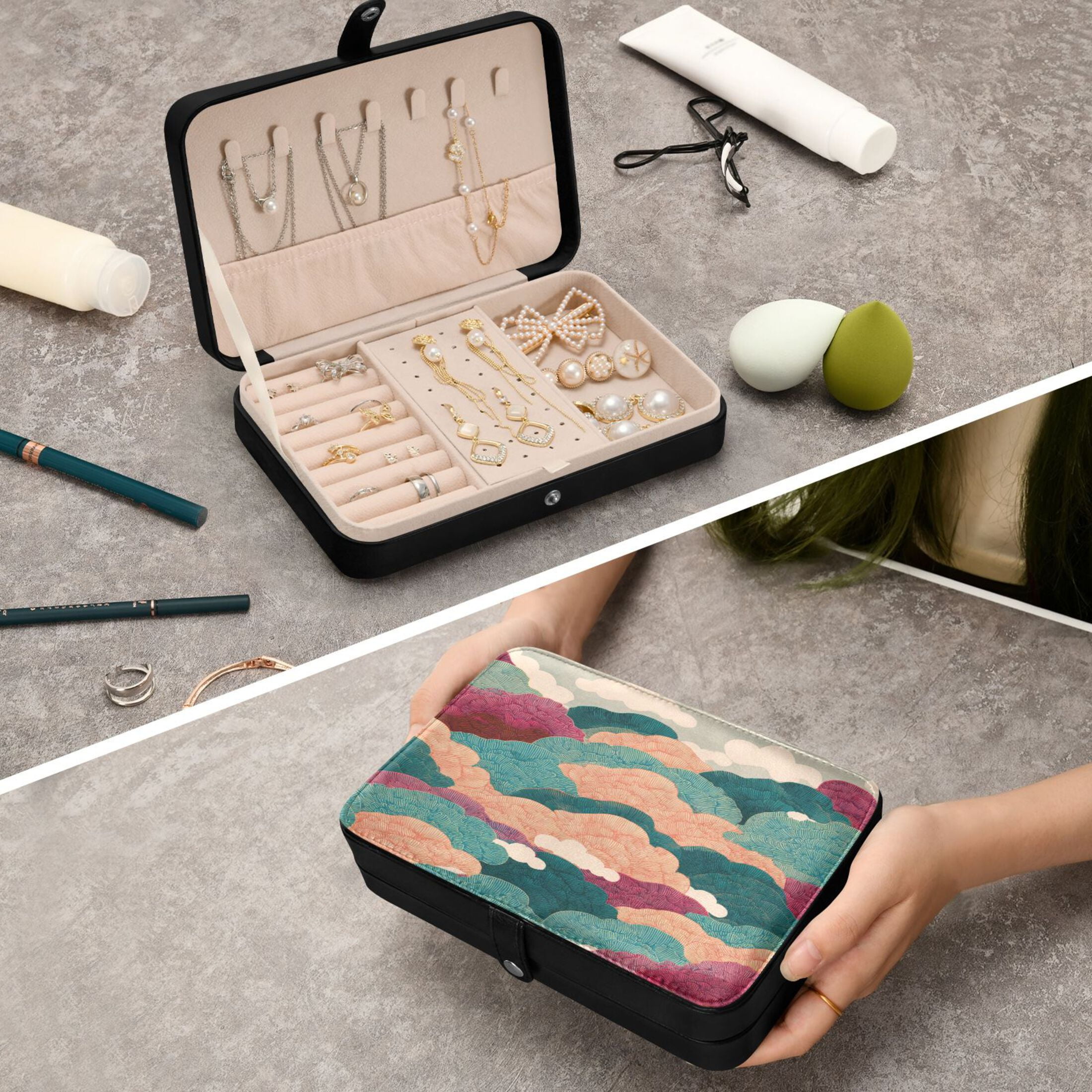 Leather Jewelry Box Rectangular 8.27x5.5x1.78In Travel Jewelry Storage Earrings Necklace Bracelet Watch Brooch Storage Colorful and Beautiful Clouds