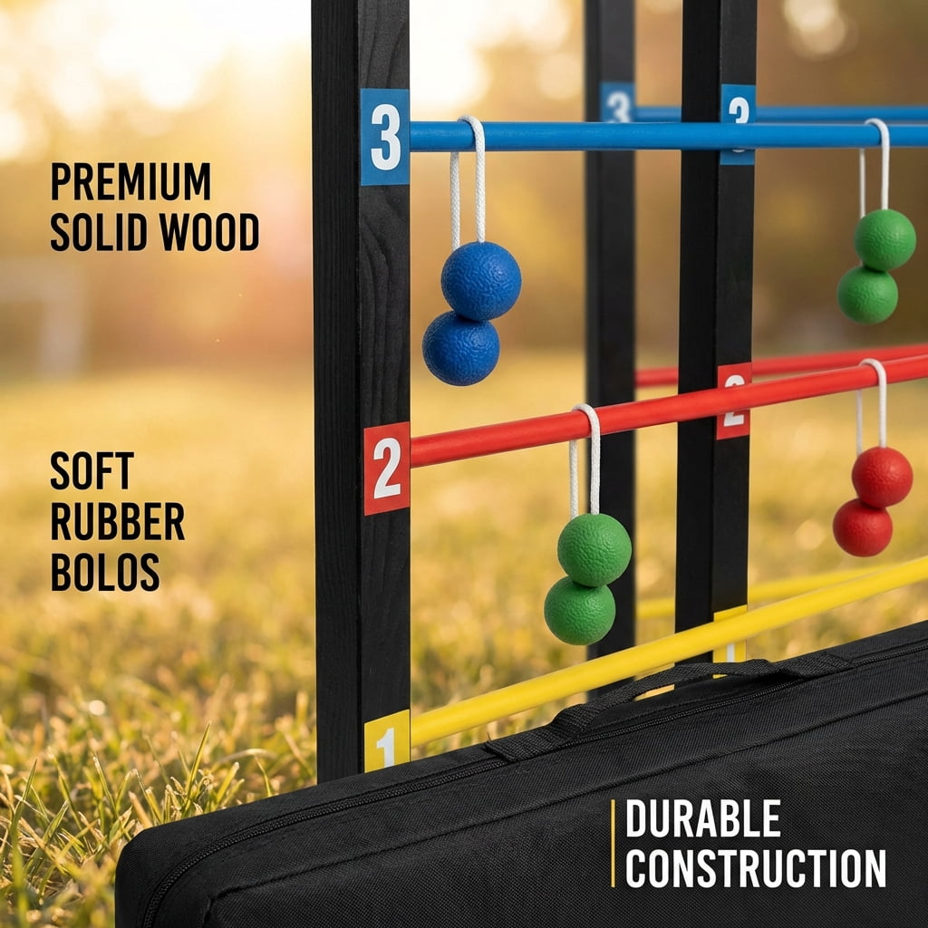 Bolaball Wooden Ladder Toss Game – Outdoor Ladder Ball Set for Backyard, Beach & Tailgating | Durable Wooden Frame | Soft Rubber Bolas | Carrying Case Included | Easy Assembly Family Yard Game
