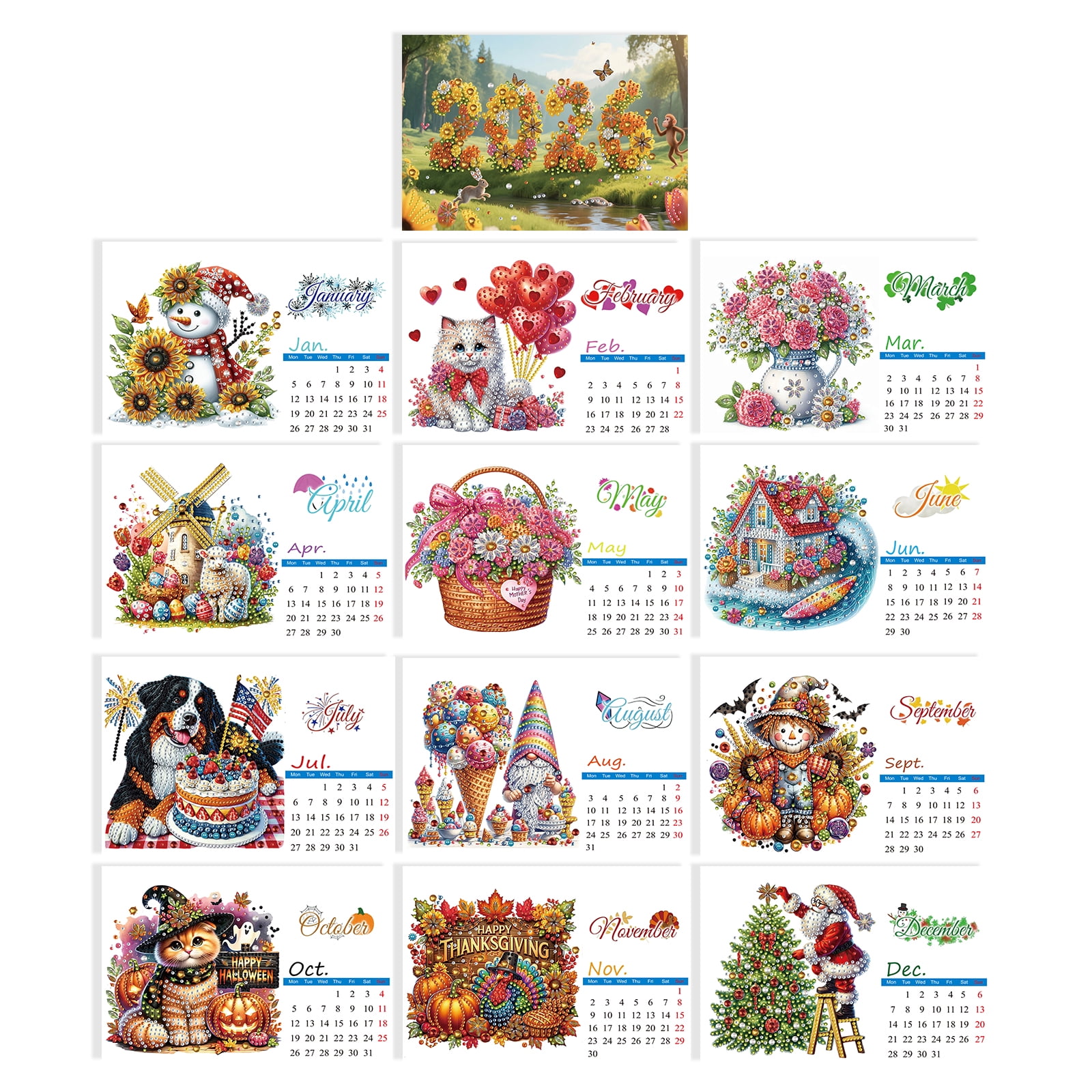 FLOPESN 2Pcs 2026 Desk Calendar DIY Diamond Painting Craft Kit – Complete Paper Calendar with Special Drills, Holiday Wreath & Gnome Themes for Home Office Decor