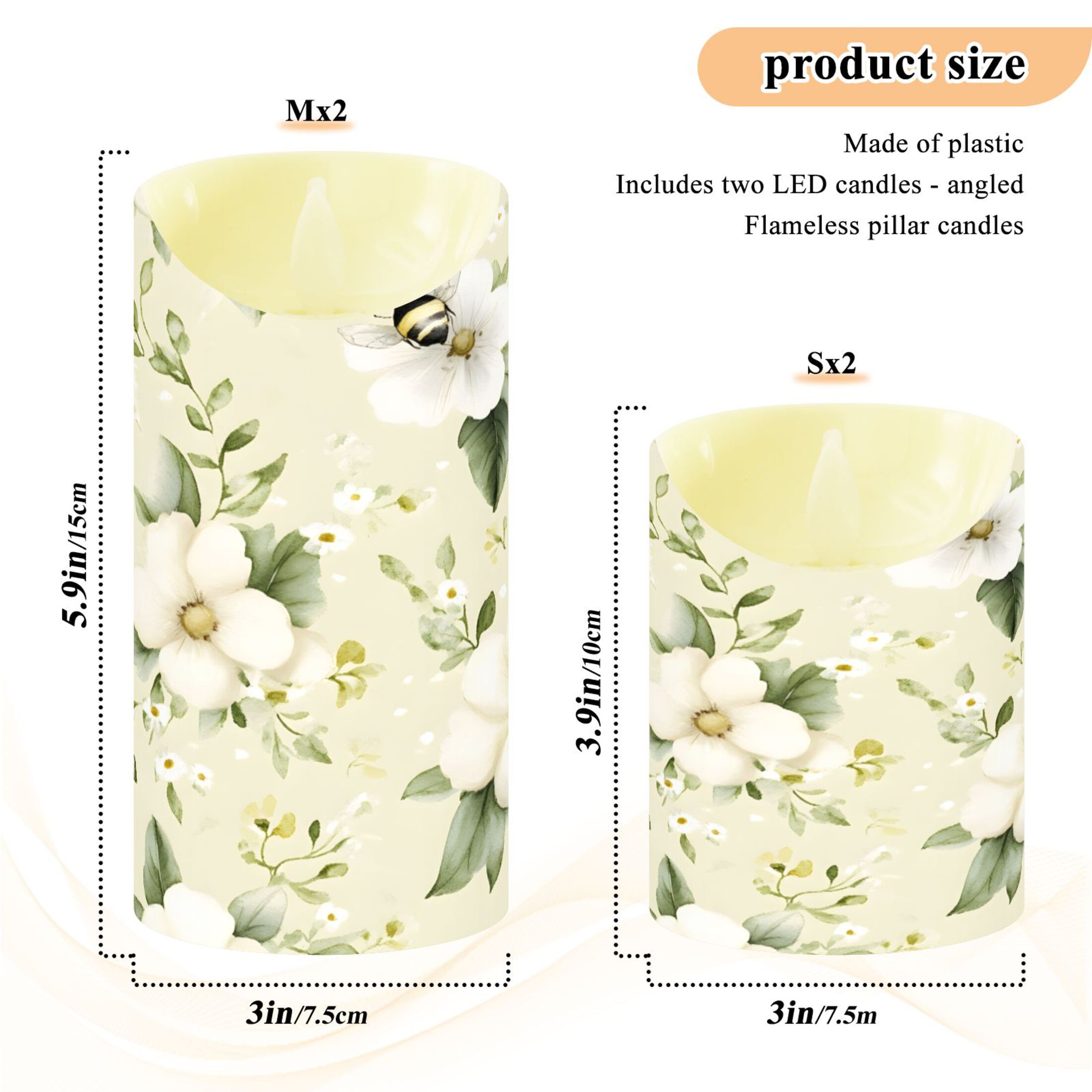 Flowers and Bees Flameless Candles 2 PCS with Remote Realistic Moving Flame LED Tapered Pillar Set for Home Decor