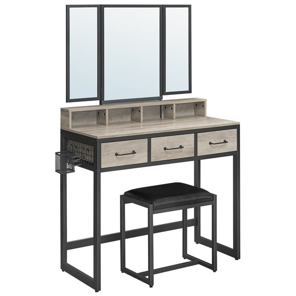 VASAGLE Coiffeuse avec Miroir et Tabouret, Coiffeuse avec Miroir Trifold, 3 Tiroirs, Porte-Brosse, Style Industriel